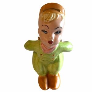Vintage 7” Ceramic Kissing Face Figurine Holding Flowers Green & Gold Cork Stop